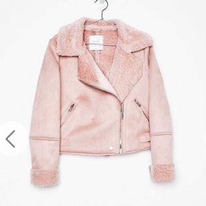 Pink faux shearling aviator coat